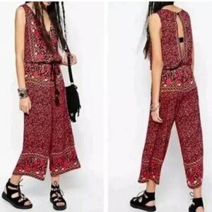 Free People Jumpsuit Black Pink Floral Open Back Culottes Wide Leg Size M
